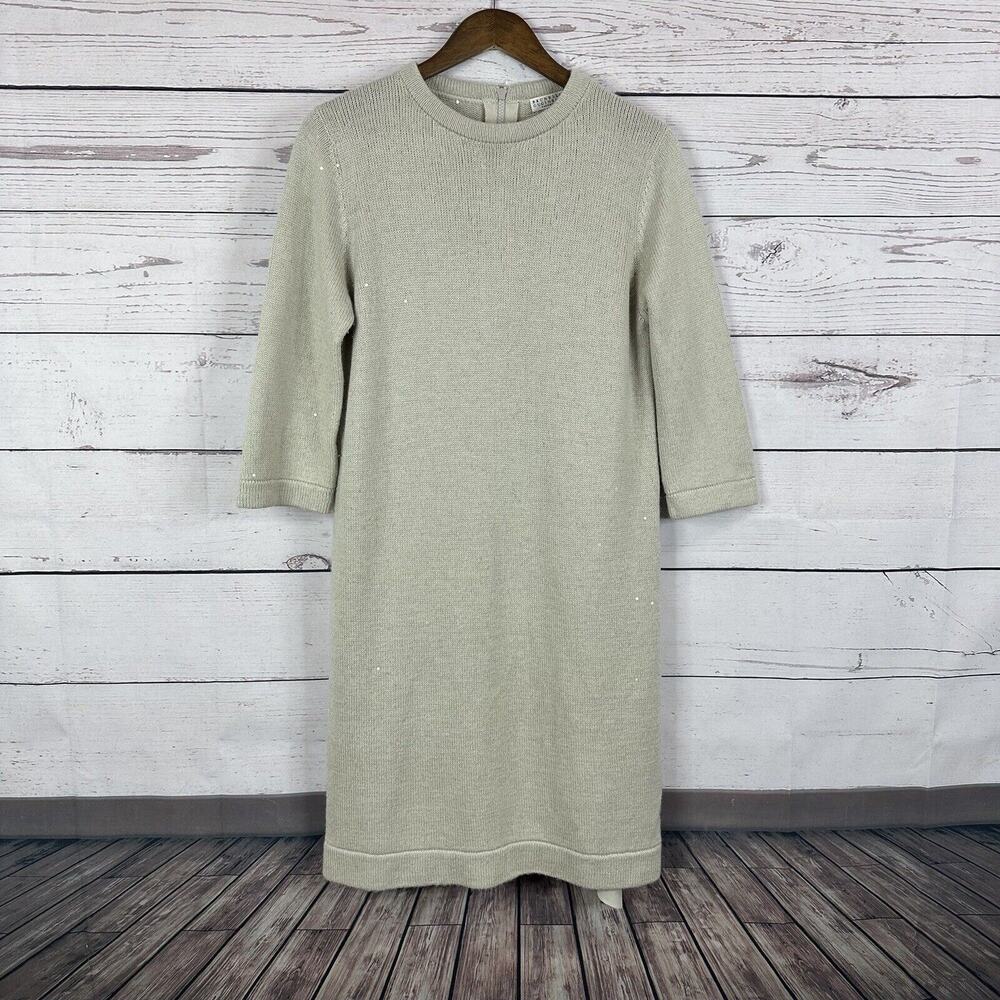 Brunello Cucinelli Dress Womens Small‎ Ivory Cashmere Silk Sequin Sweater Lined